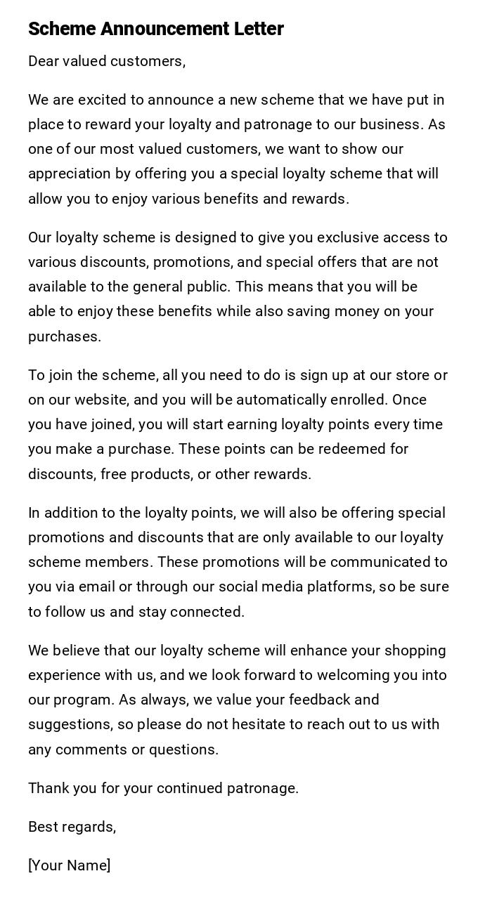 Scheme Announcement Letter Scheme Announcement Letter