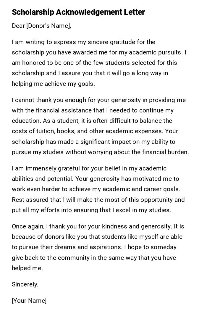 Scholarship Acknowledgement Letter