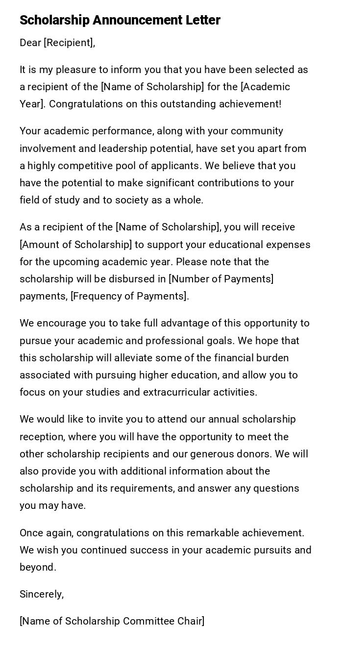 Scholarship Announcement Letter Scholarship Announcement Letter