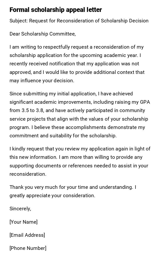 Formal scholarship appeal letter Formal scholarship appeal letter