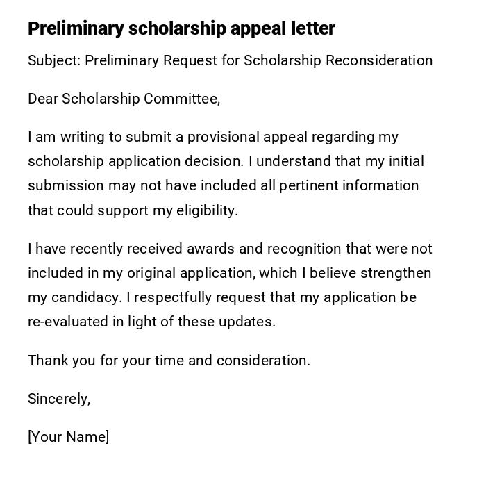 Preliminary scholarship appeal letter Preliminary scholarship appeal letter