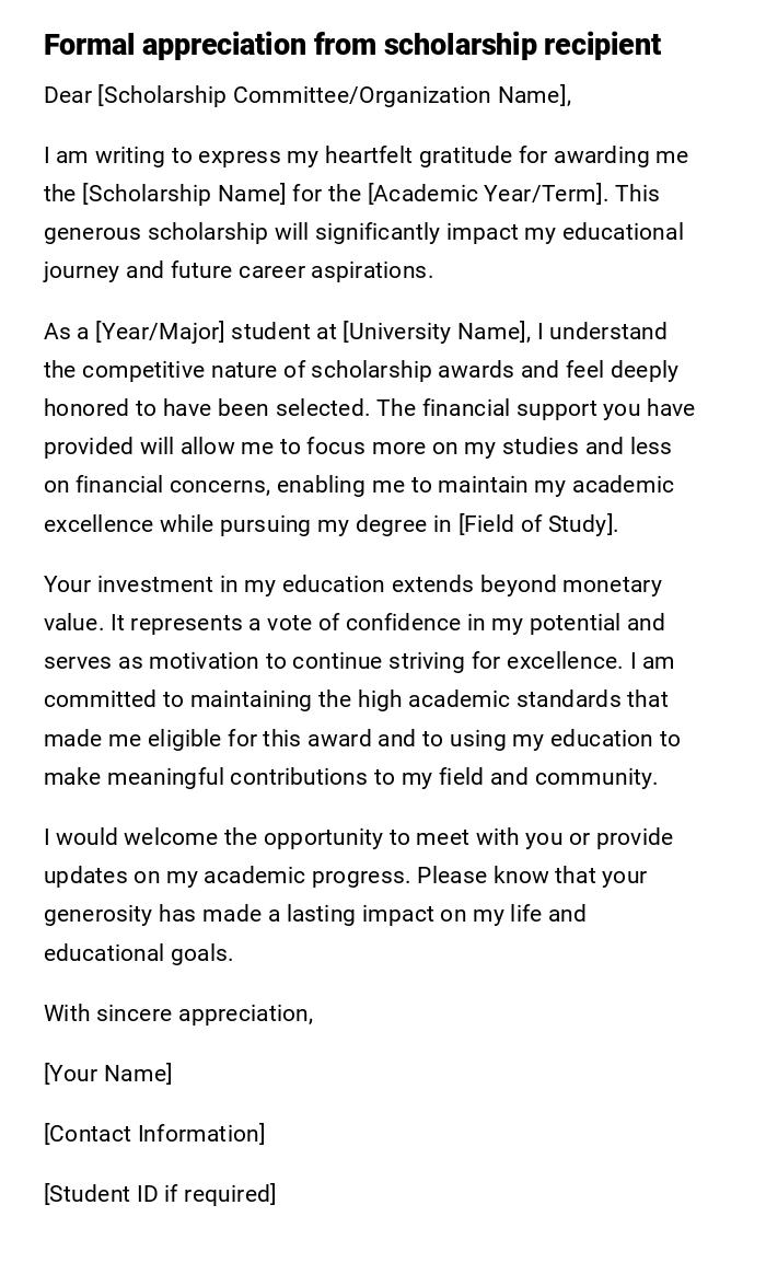 Formal appreciation from scholarship recipient Formal appreciation from scholarship recipient