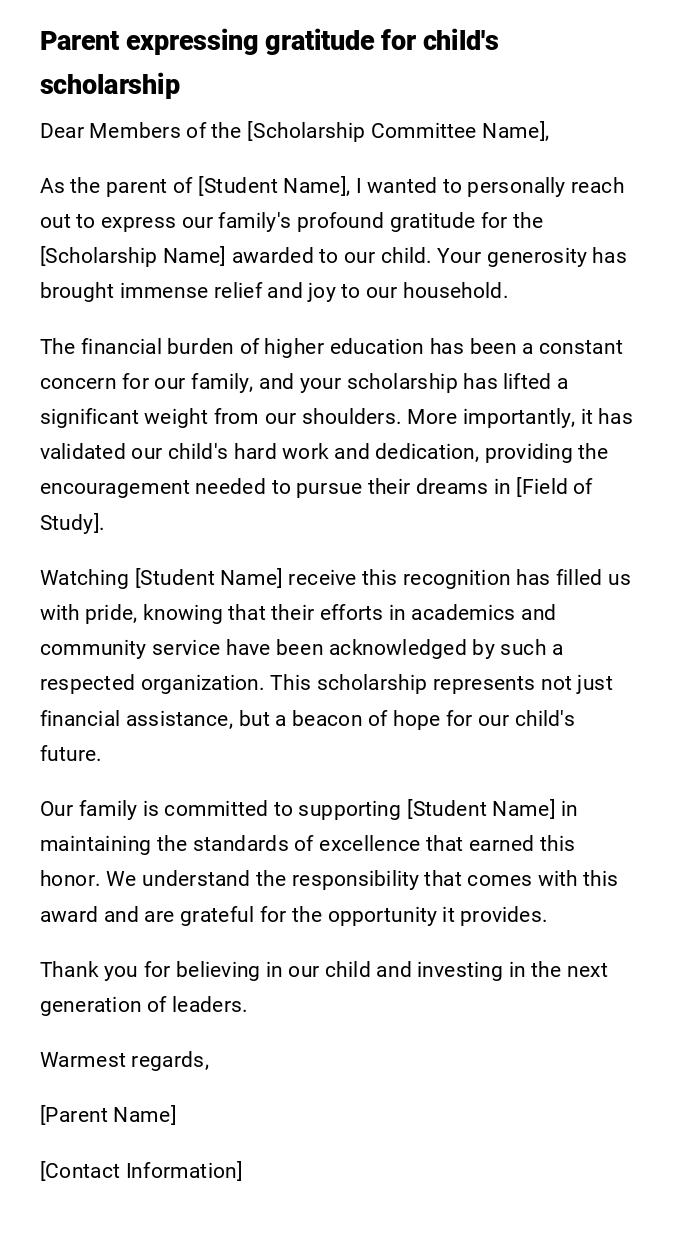 Parent expressing gratitude for child's scholarship Parent expressing gratitude for child's scholarship