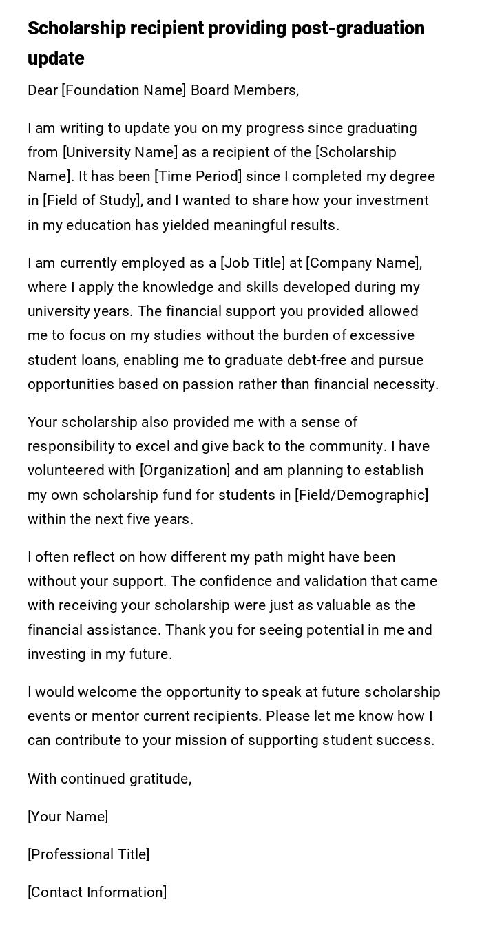 Scholarship recipient providing post-graduation update Scholarship recipient providing post-graduation update