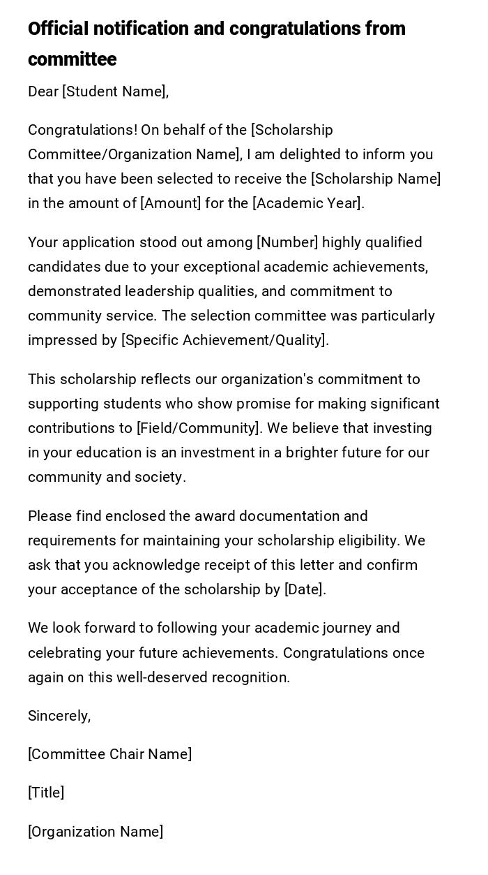 Official notification and congratulations from committee Official notification and congratulations from committee