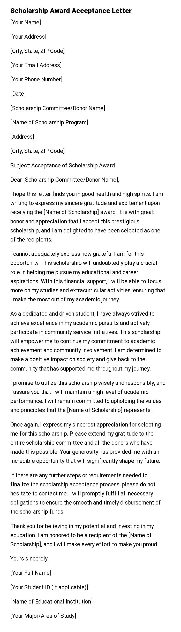 Scholarship Award Acceptance Letter