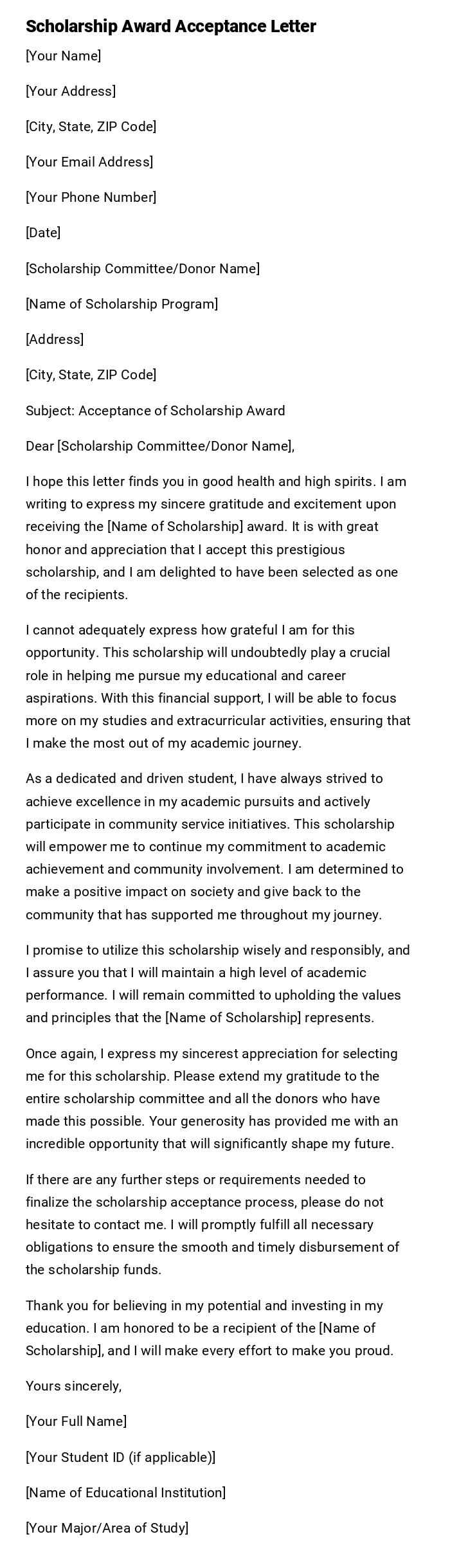 Scholarship Award Acceptance Letter