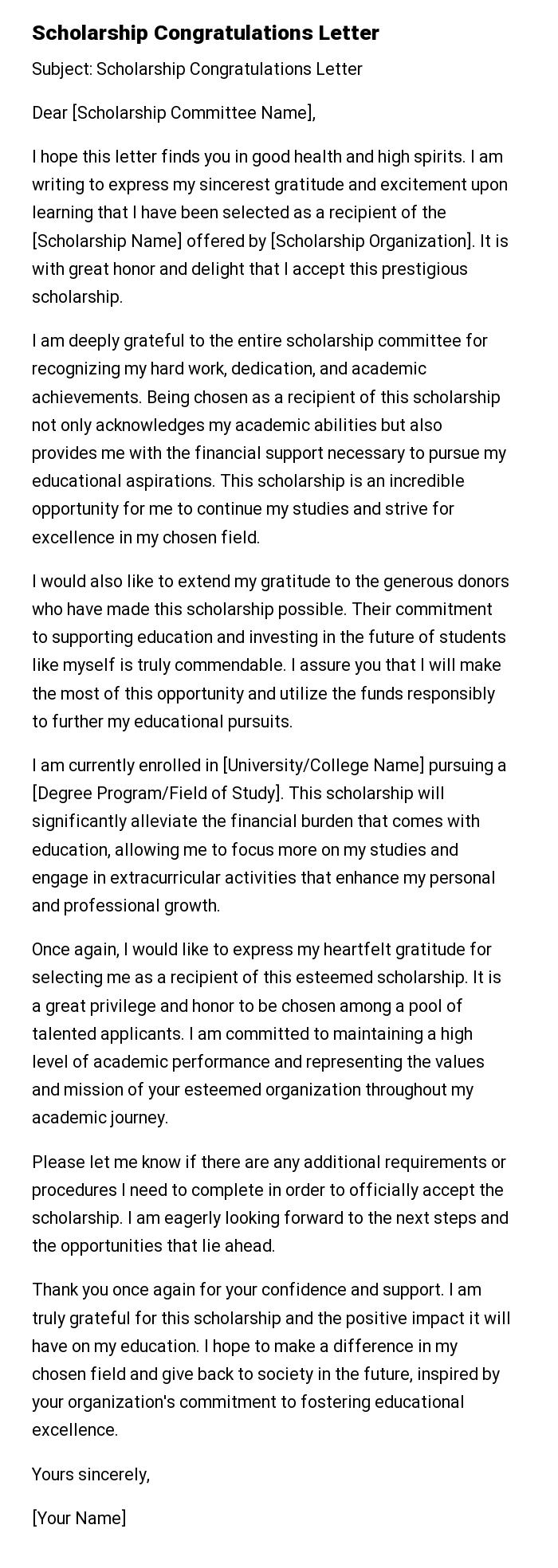 Scholarship Congratulations Letter