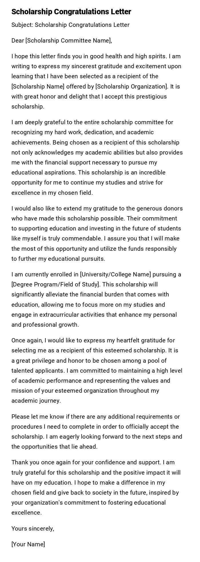 Scholarship Congratulations Letter