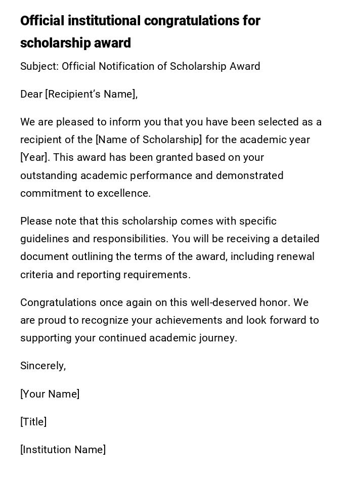 Official institutional congratulations for scholarship award Official institutional congratulations for scholarship award