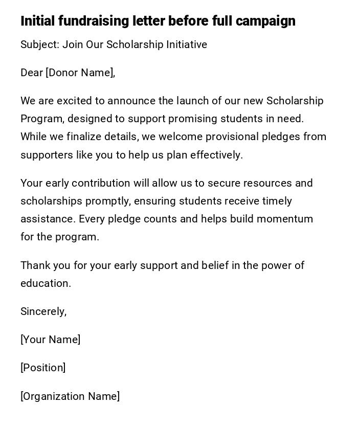 Initial fundraising letter before full campaign