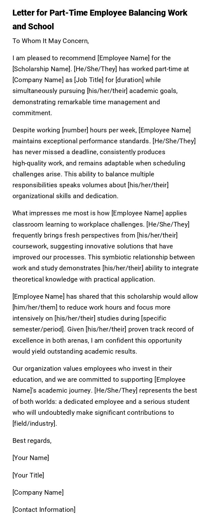 Letter for Part-Time Employee Balancing Work and School