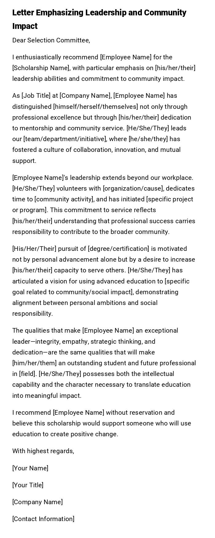 Letter Emphasizing Leadership and Community Impact