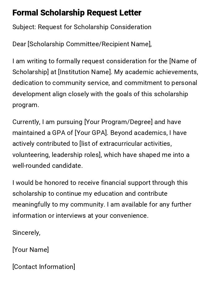 Formal Scholarship Request Letter Formal Scholarship Request Letter