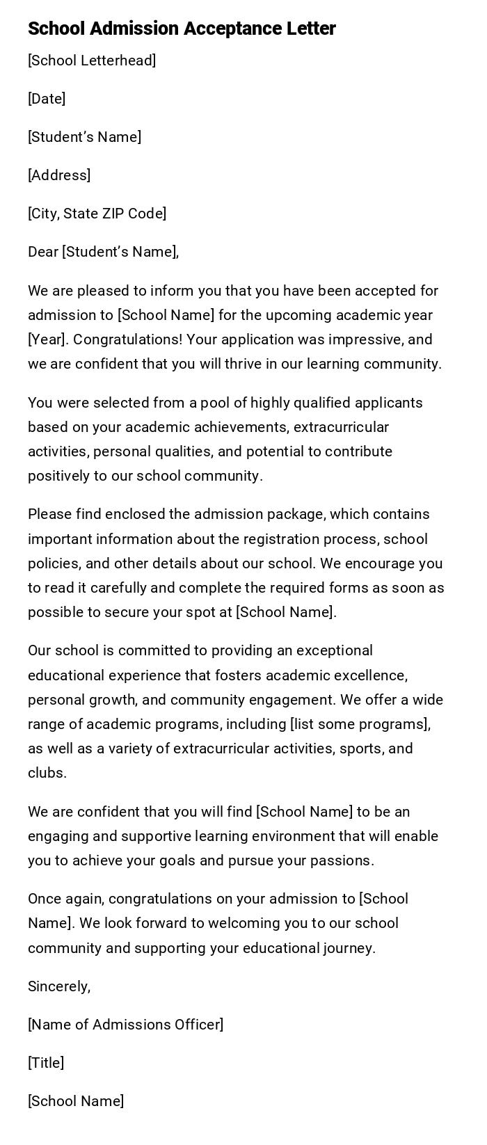 School Admission Acceptance Letter