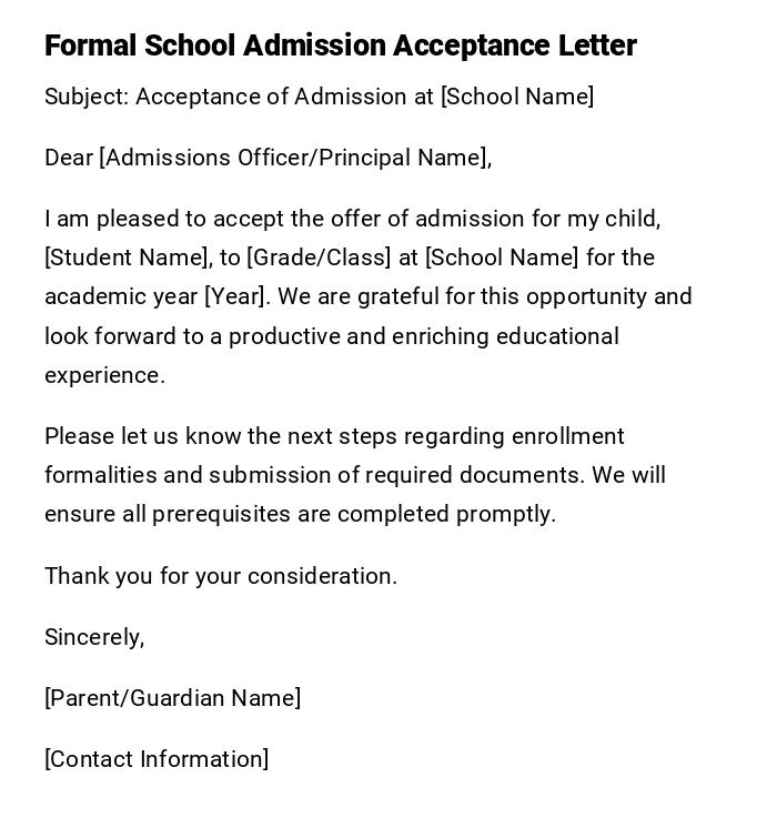 Formal School Admission Acceptance Letter Formal School Admission Acceptance Letter