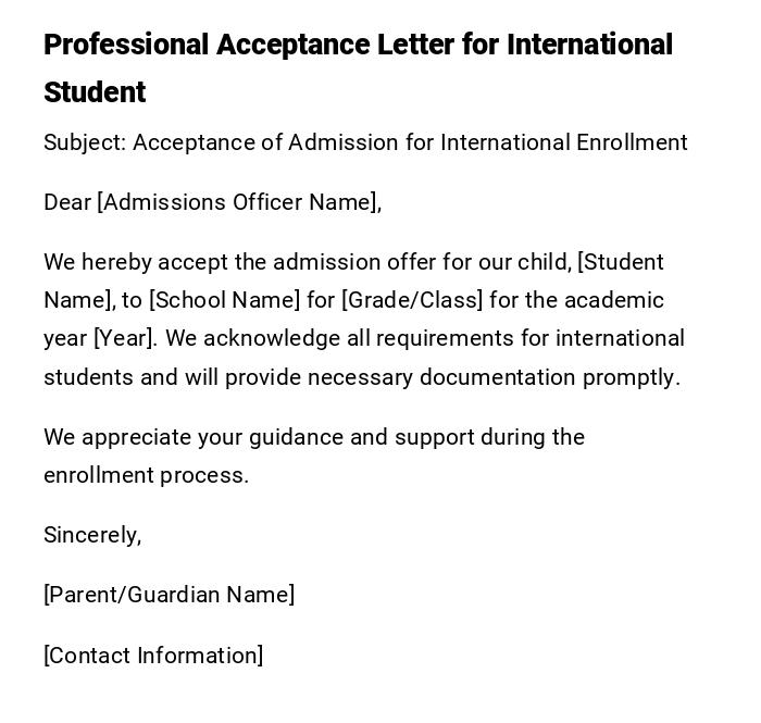 Professional Acceptance Letter for International Student Professional Acceptance Letter for International Student