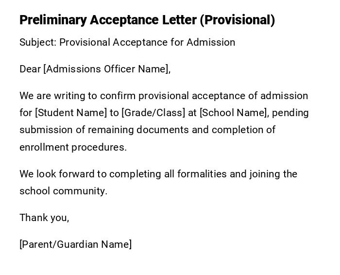 Preliminary Acceptance Letter (Provisional) Preliminary Acceptance Letter (Provisional)
