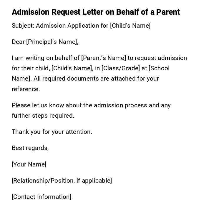 Admission Request Letter on Behalf of a Parent