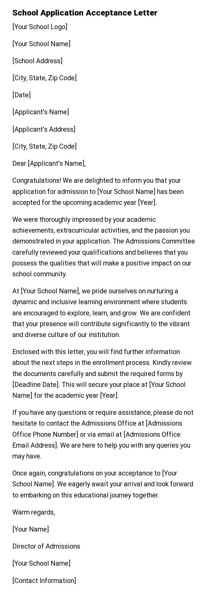School Application Acceptance Letter