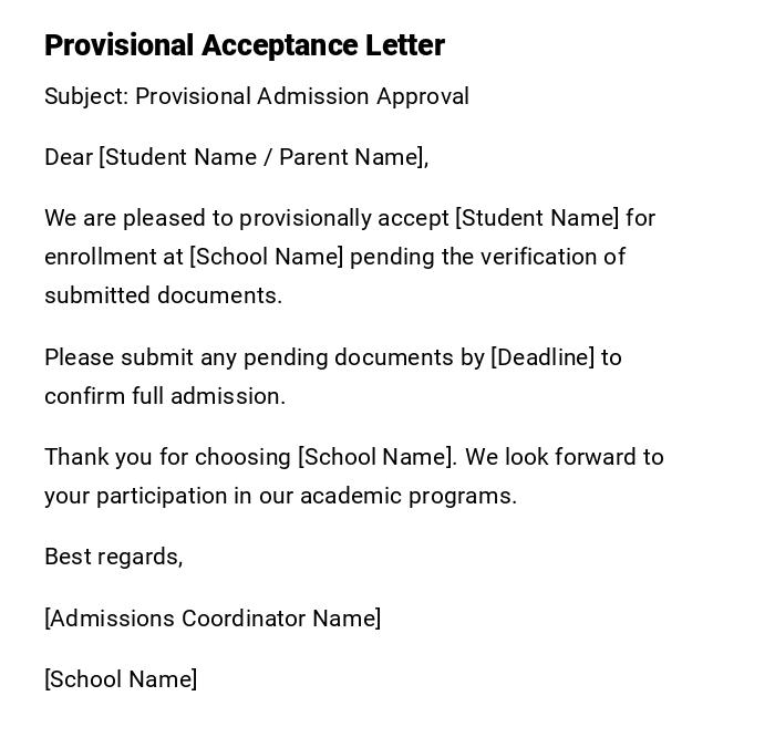 Provisional Acceptance Letter Provisional Acceptance Letter
