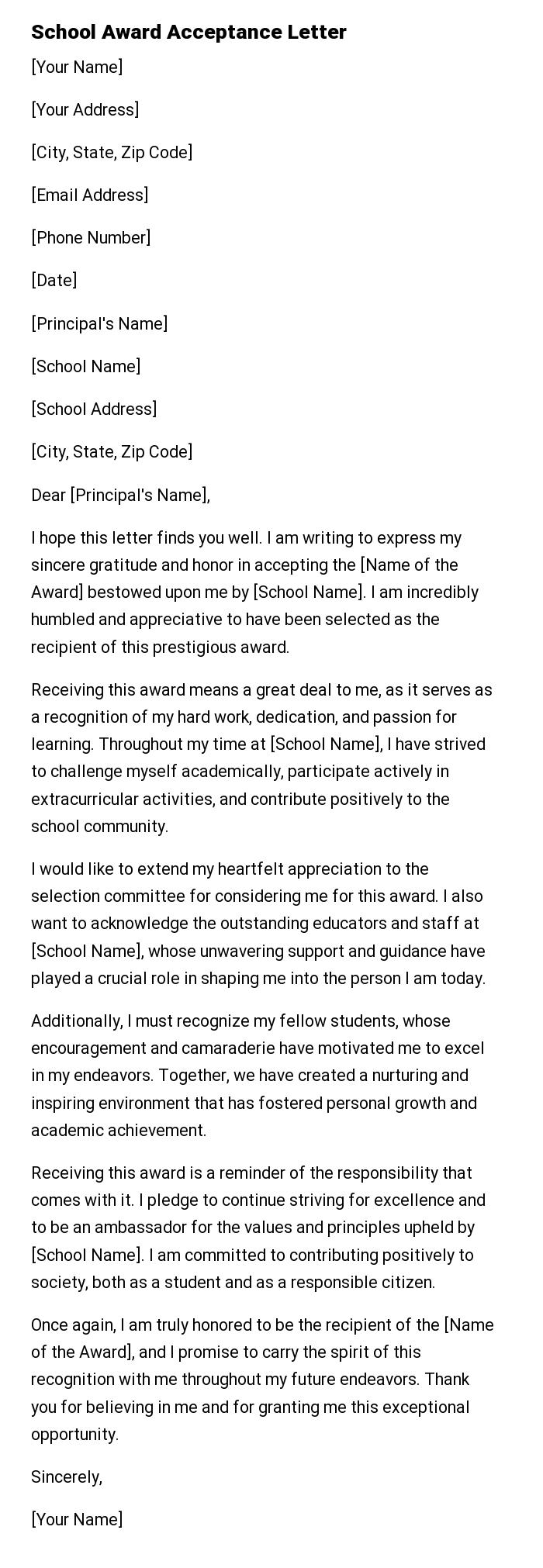 School Award Acceptance Letter