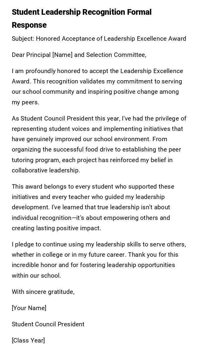 Student Leadership Recognition Formal Response Student Leadership Recognition Formal Response