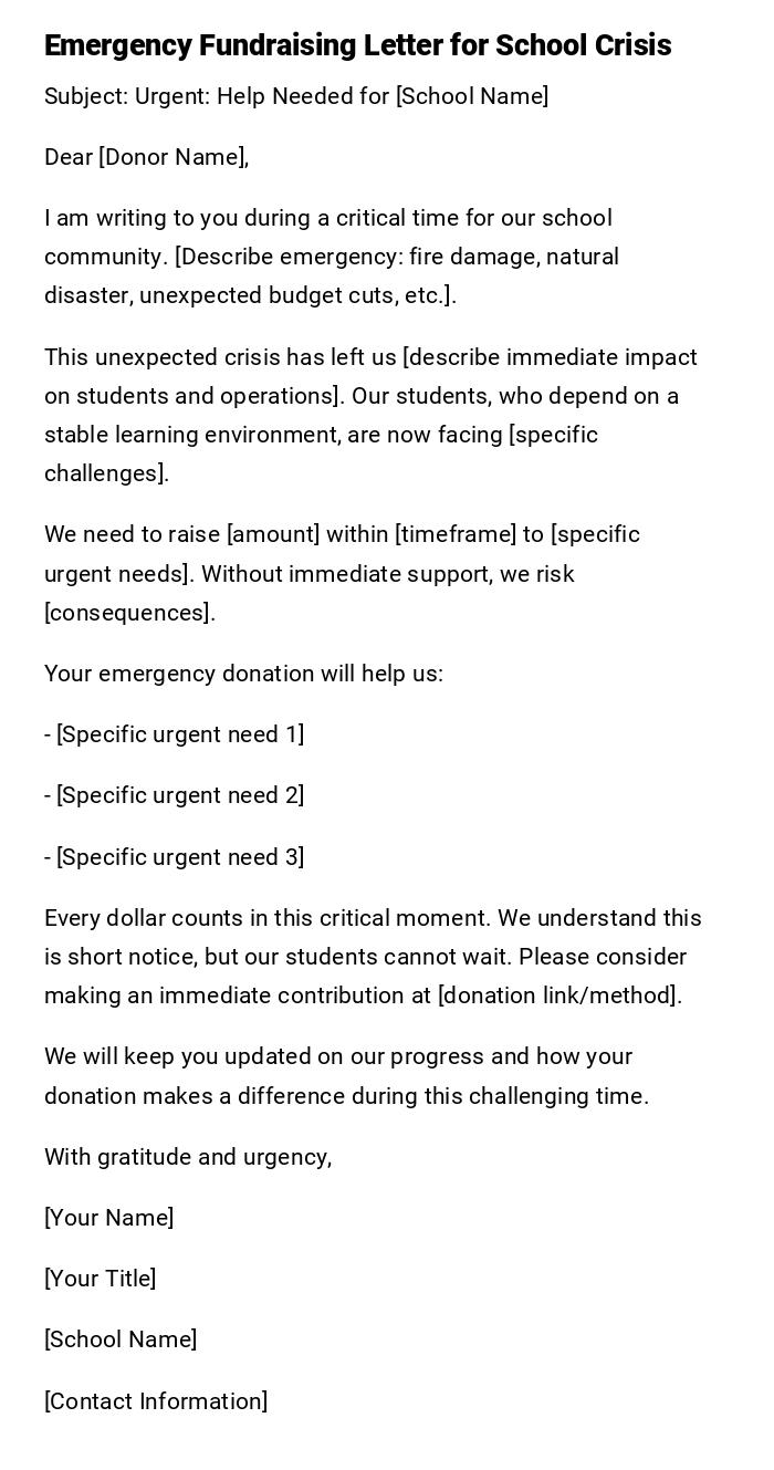 Emergency Fundraising Letter for School Crisis