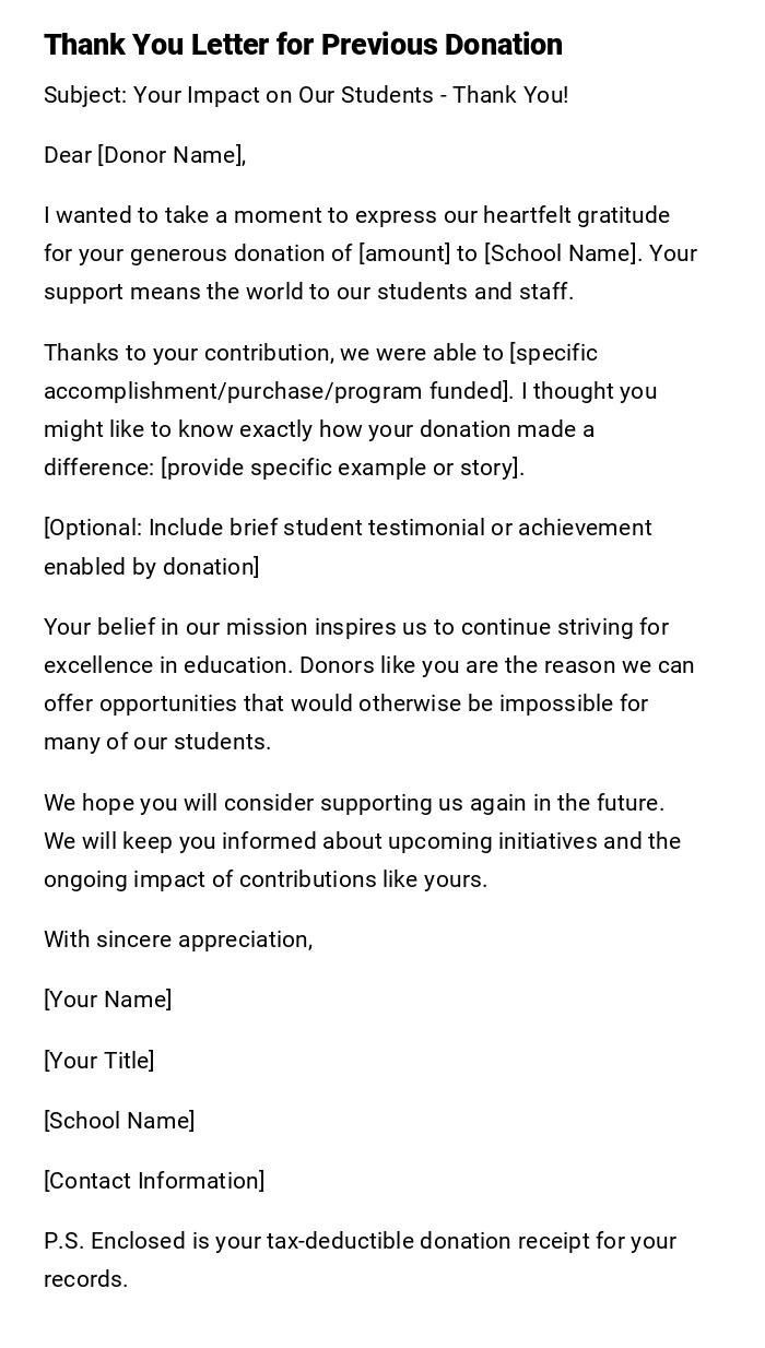 Thank You Letter for Previous Donation