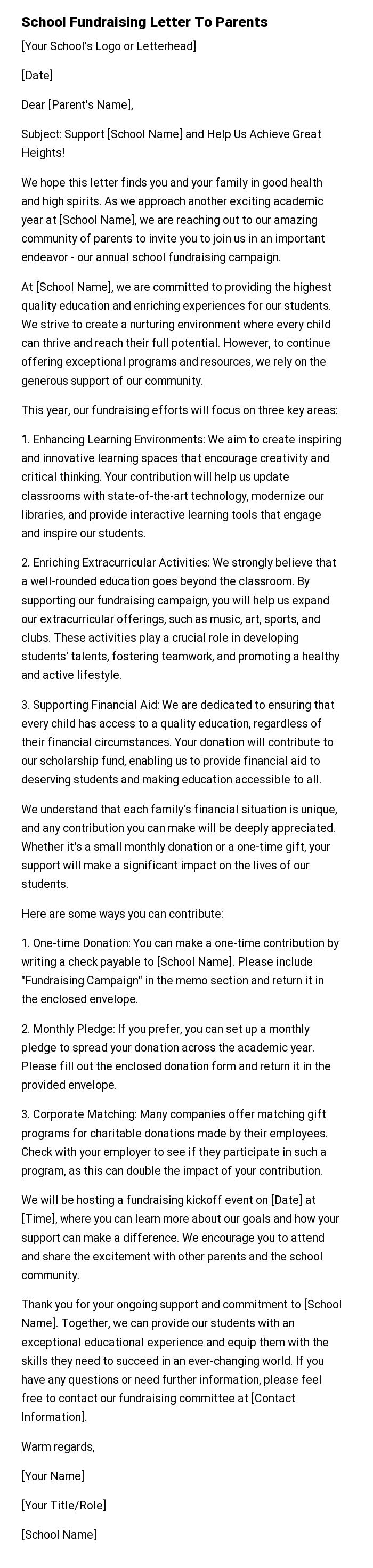 School Fundraising Letter To Parents