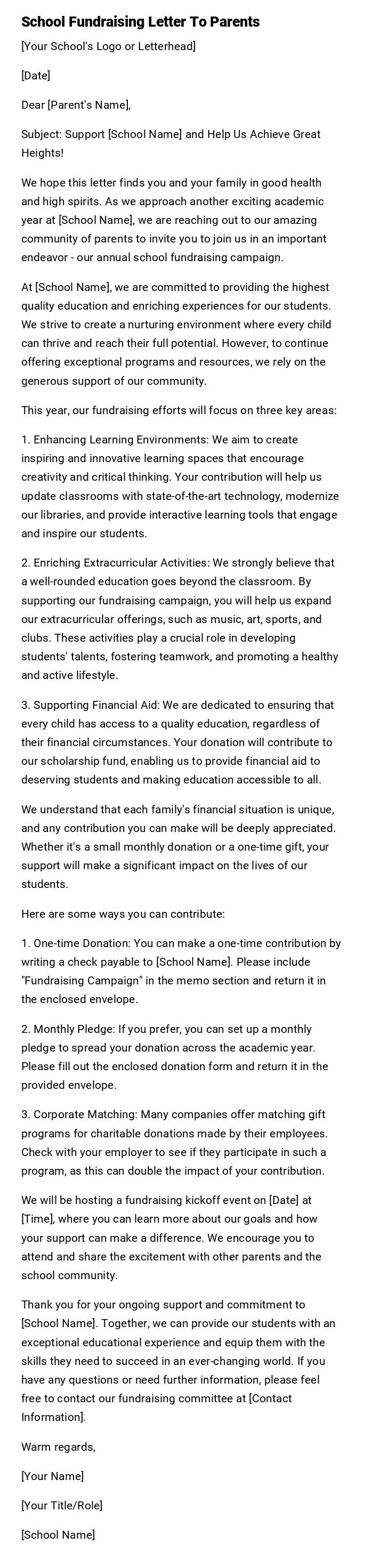 School Fundraising Letter To Parents