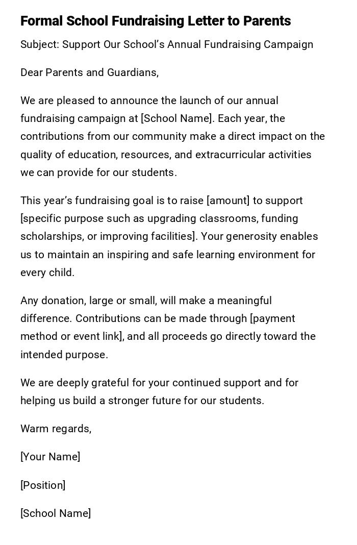 Formal School Fundraising Letter to Parents Formal School Fundraising Letter to Parents