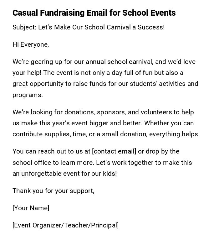 Casual Fundraising Email for School Events Casual Fundraising Email for School Events
