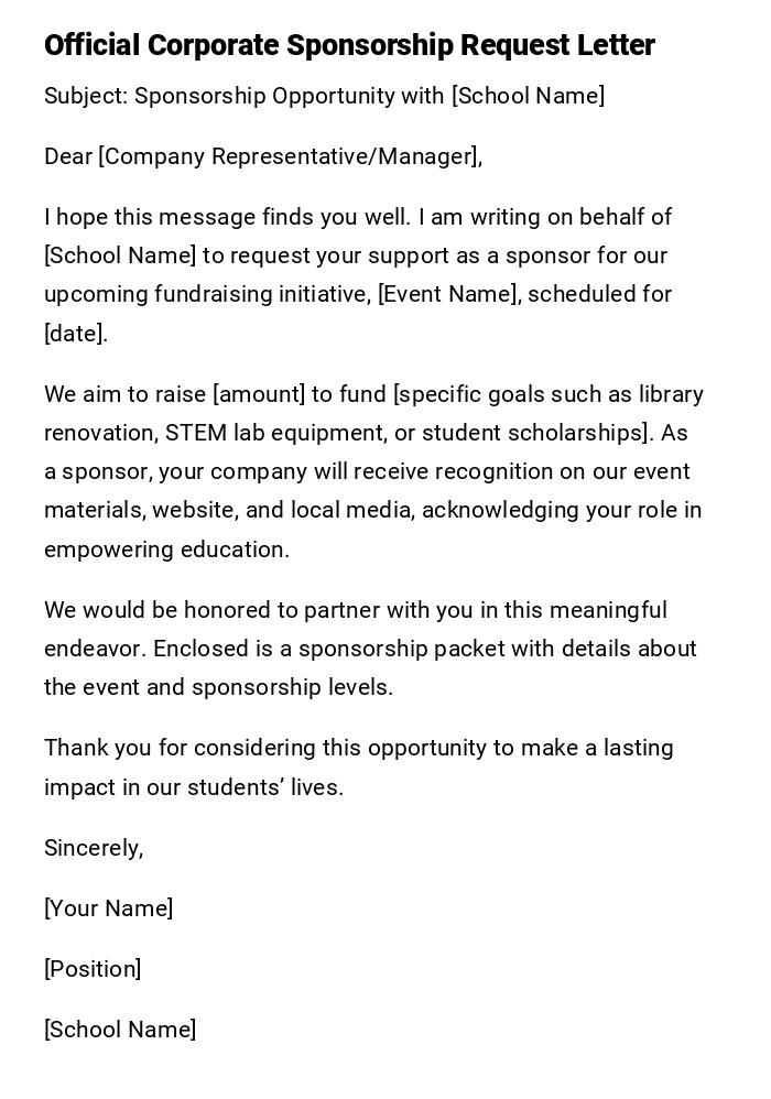 Official Corporate Sponsorship Request Letter Official Corporate Sponsorship Request Letter