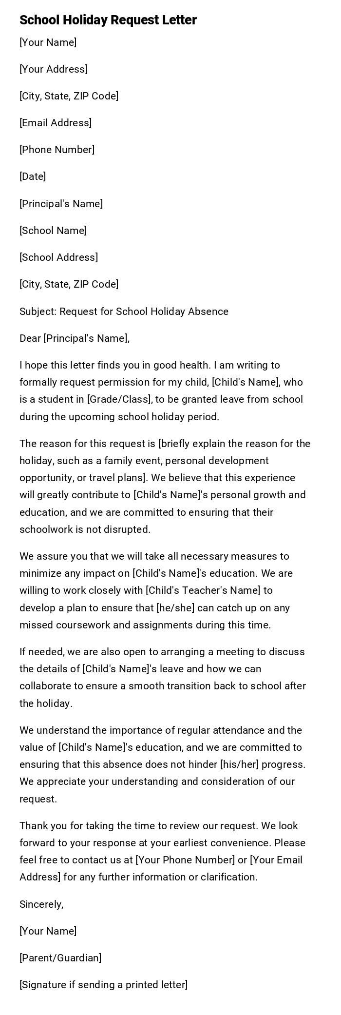 School Holiday Request Letter