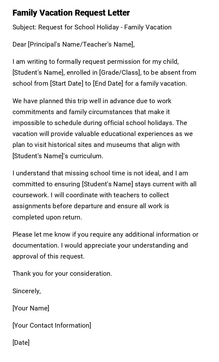 Family Vacation Request Letter Family Vacation Request Letter