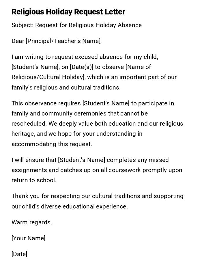 Religious Holiday Request Letter Religious Holiday Request Letter