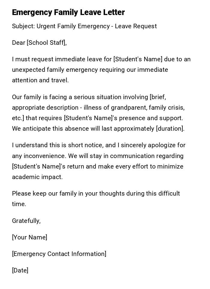 Emergency Family Leave Letter Emergency Family Leave Letter