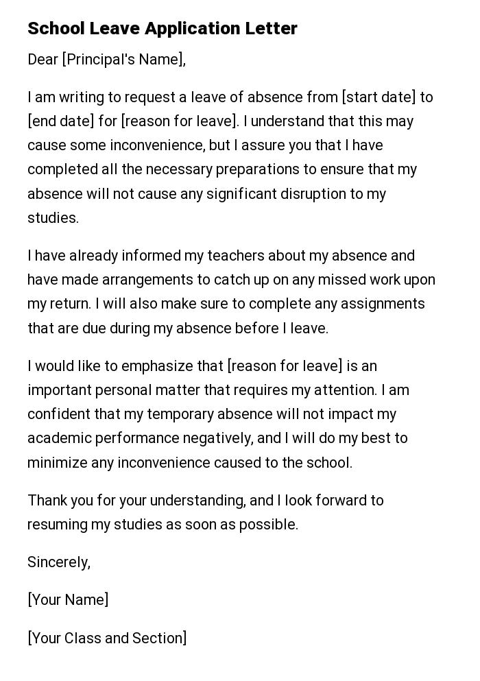 School Leave Application Letter