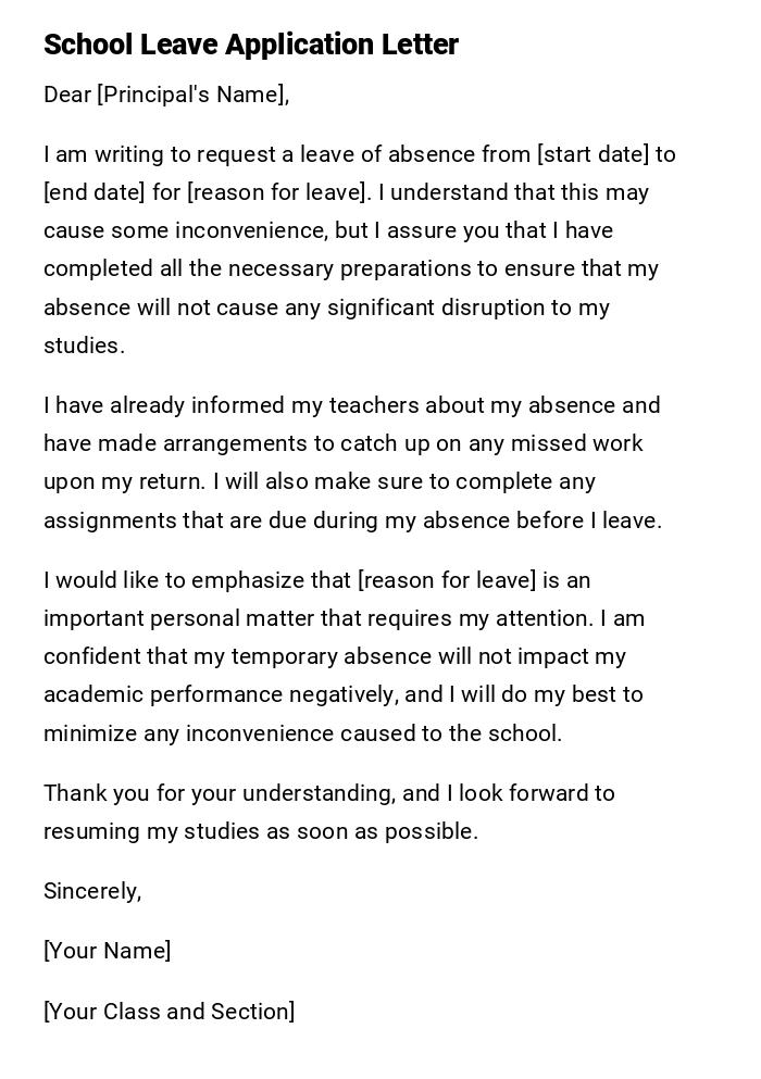 School Leave Application Letter