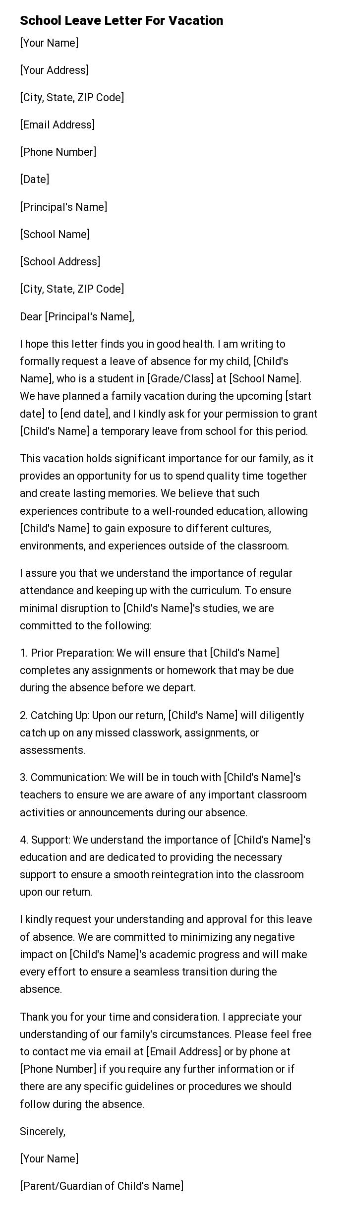 School Leave Letter For Vacation