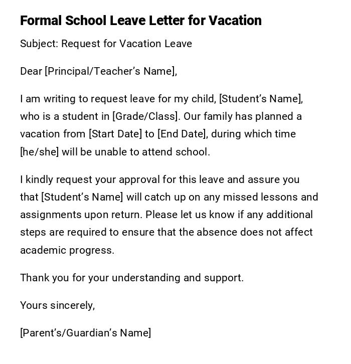 Formal School Leave Letter for Vacation Formal School Leave Letter for Vacation