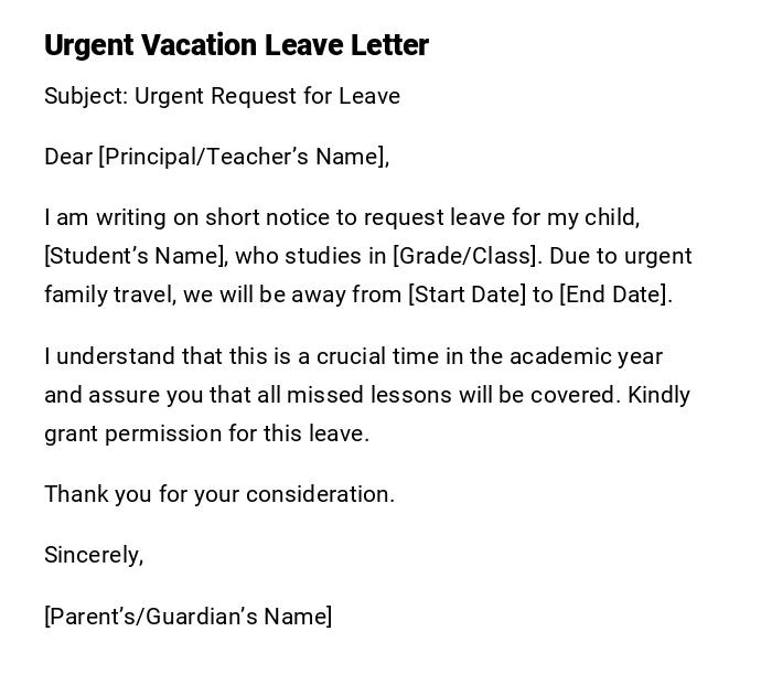 Urgent Vacation Leave Letter Urgent Vacation Leave Letter