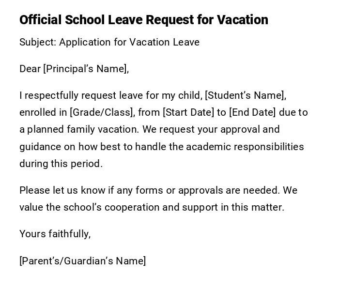 Official School Leave Request for Vacation Official School Leave Request for Vacation