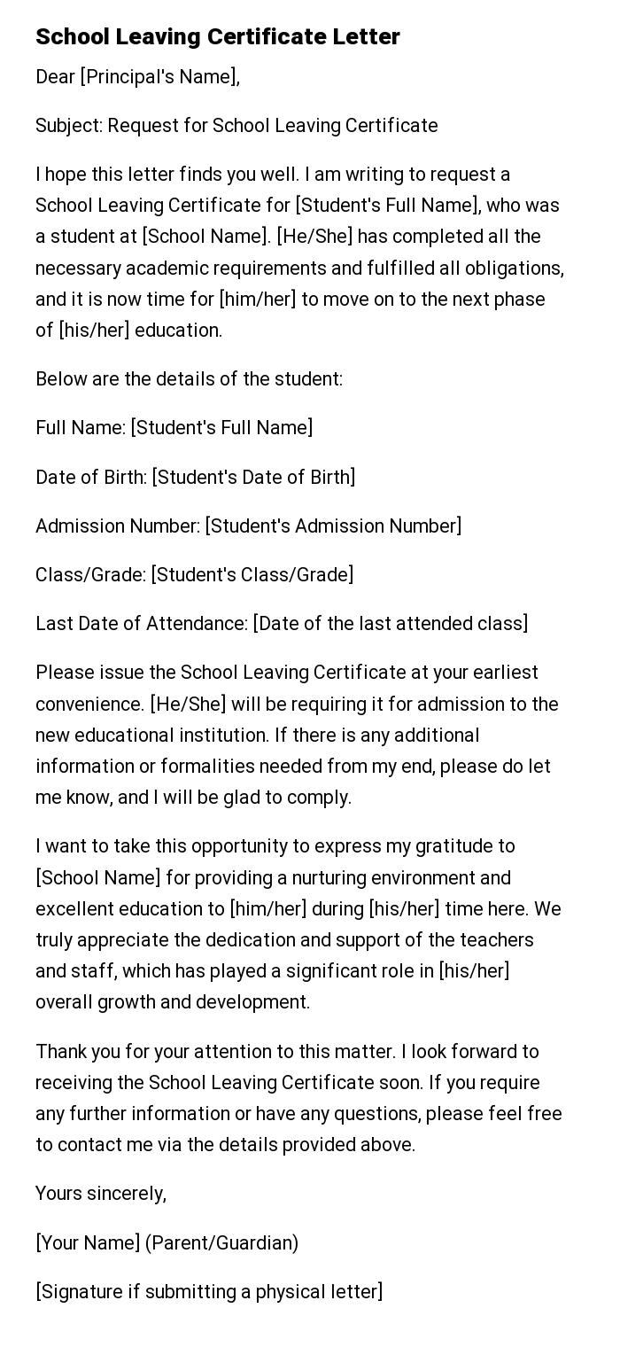 School Leaving Certificate Letter