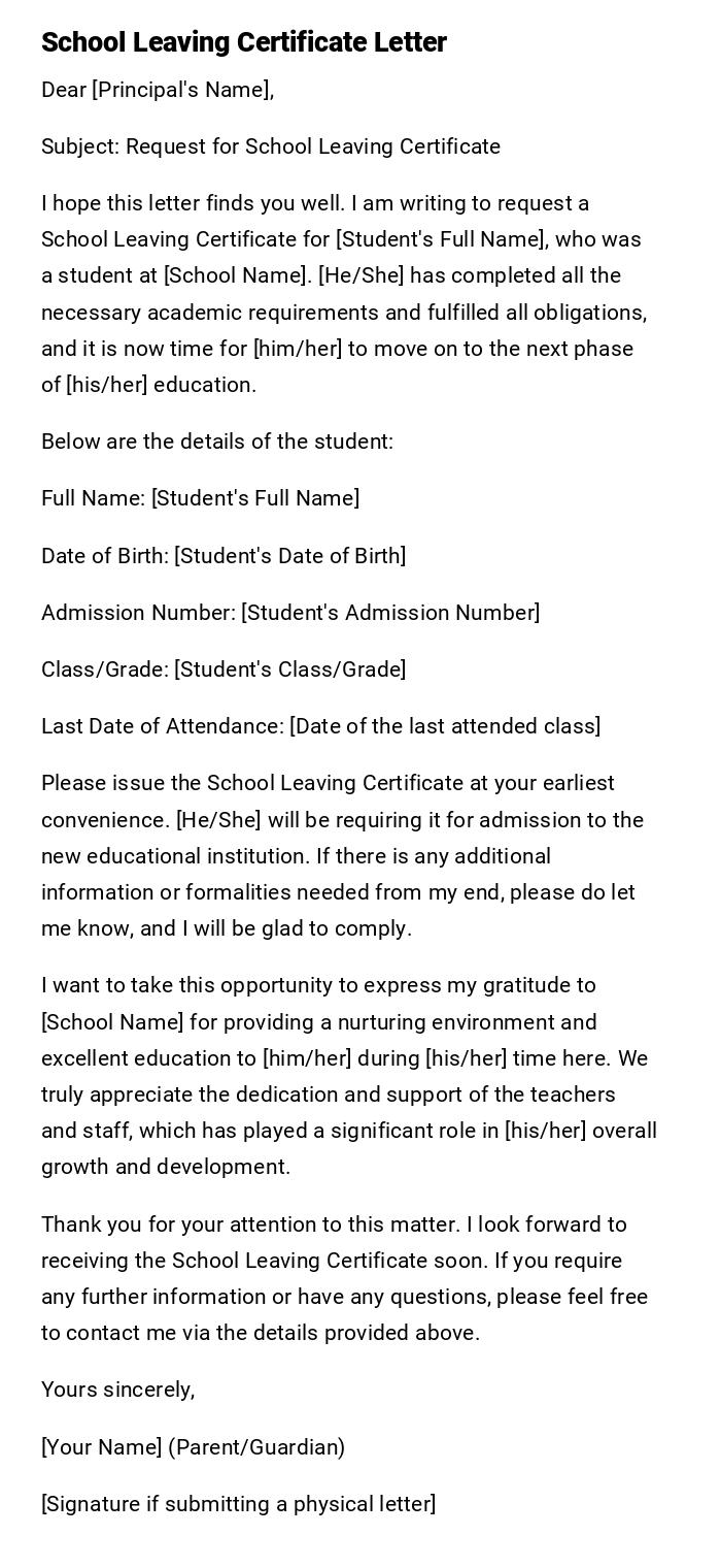 School Leaving Certificate Letter