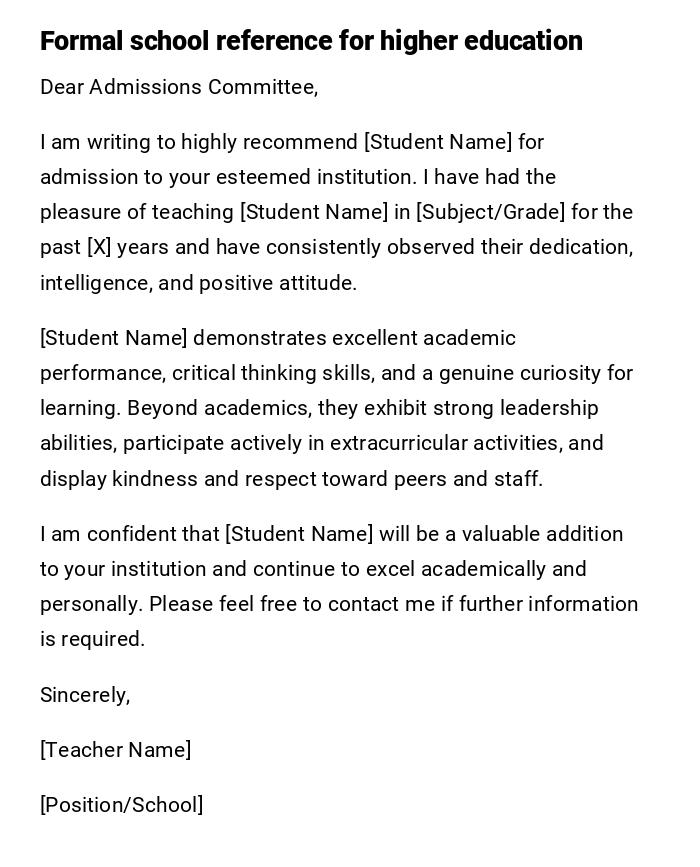 Formal school reference for higher education