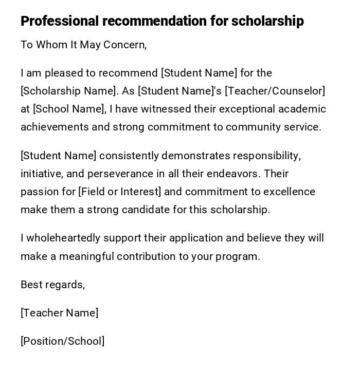 Professional recommendation for scholarship