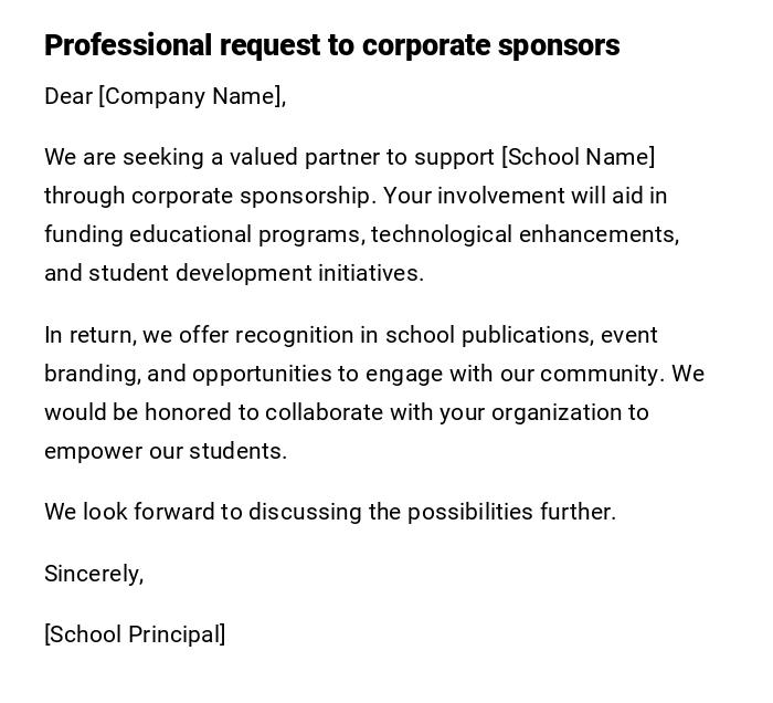 Professional request to corporate sponsors Professional request to corporate sponsors