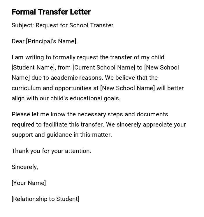 Formal Transfer Letter